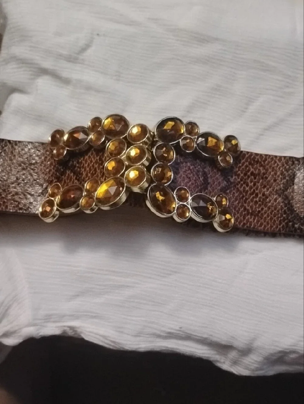 Source Unknown Brown Snake-Print Waist Belt with Amber Gems